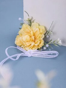 手工制作人造花手链胸花丝带腕带，新娘伴娘婚礼派对配饰 - 黃色 - 查看 1