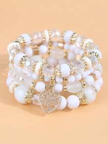 4 sztuki Boho Retro Style White Multi-Layer Pearl, Heart Pendant Women Bransoletki Zestaw