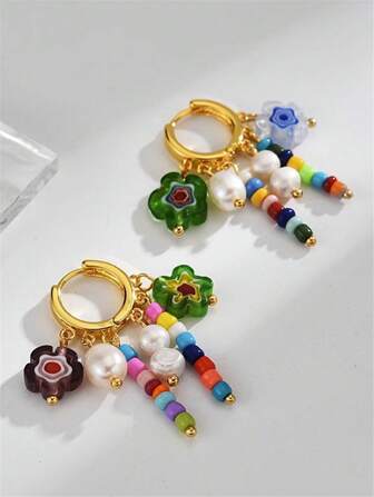 Flower Shaped Random Color Freshwater Faux Pearl Earrings, Fashionable Design Colored Tassel Ear Drops Jewelry Valentines
