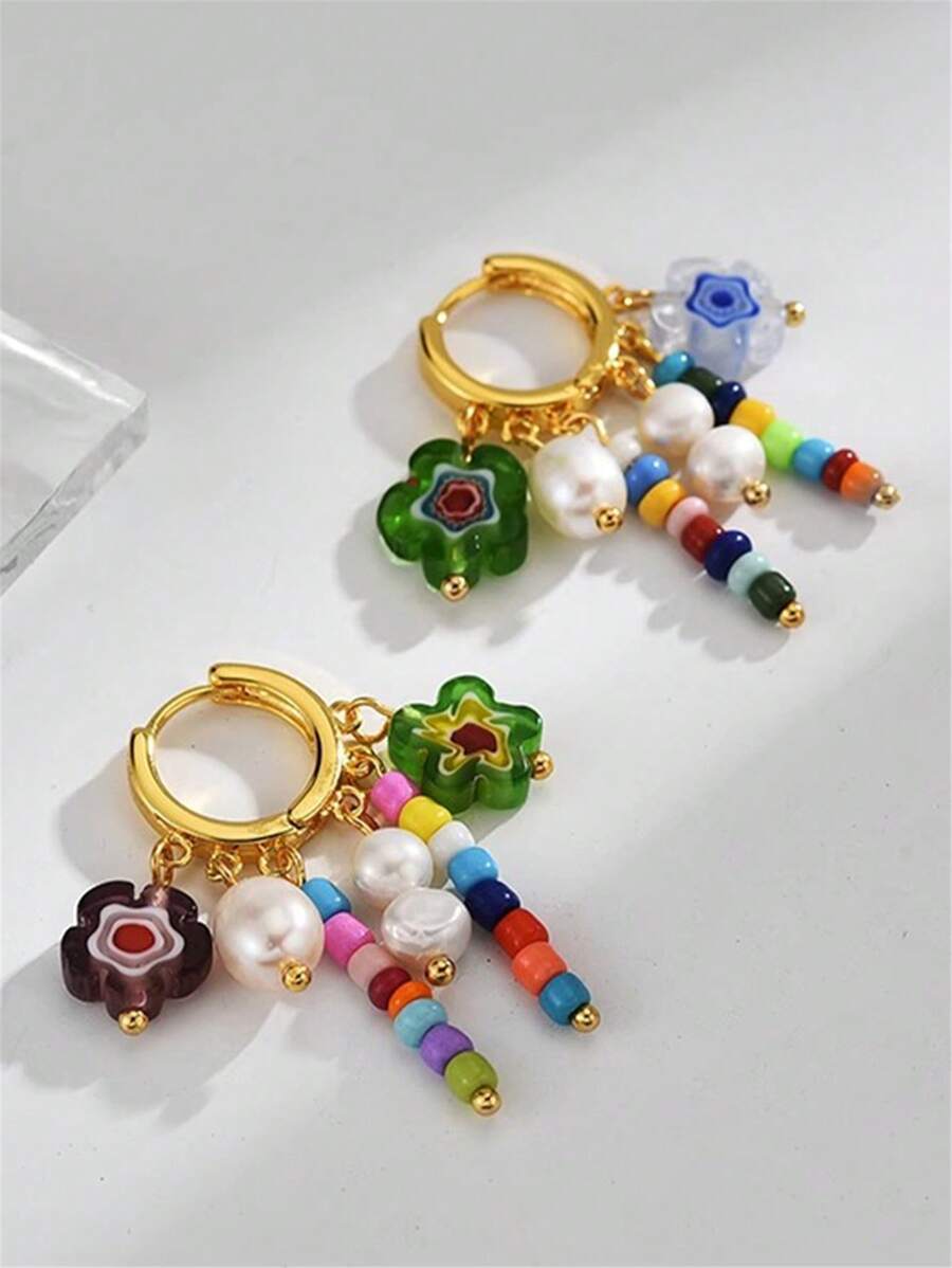 花形随机颜色淡水仿珍珠耳环，时尚设计彩色流苏耳坠珠宝情人节 - 彩色的 - 查看 1