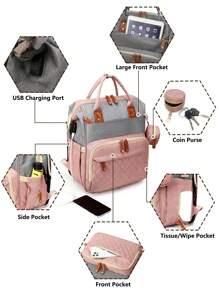 1 件装婴儿尿布包背包，带换尿布台，多功能便携式防水大容量旅行婴儿换尿布包，婴儿用品整理器，婴儿登记搜索，男孩和女孩婴儿尿布包，婴儿沐浴礼物，新生儿必备礼物 - 粉灰色 - 查看 2