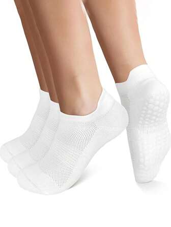 3 Pairs Women's Professional Anti-Slip Yoga Socks, Short Socks For Pilates, Fitness, Dance, Adult Floor Socks, White, Gym, Fall