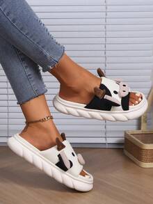 Autumn/Winter Linen Slippers, White Cow Pattern Cartoon Cow Print Slippers With Thick Sole And Linen Fabric Fashion Home Wear - White - View 3