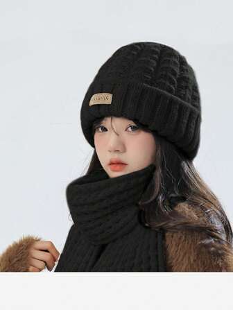Korean Style Knitted Hat And Scarf Set For Women, Winter Warm Neck Protection, Ins Fashionable Face-Slimming Knitted Cap Christmas
