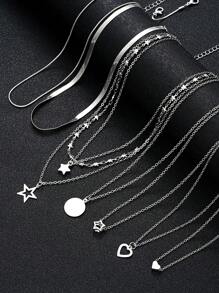 Conjunto de 7 collares con colgante de corazón y estrella de múltiples capas para mujeres, regalo de fiesta, uso diario, San Valentín, mamá, madre, Día de la Madre - Plateado - Ver 6