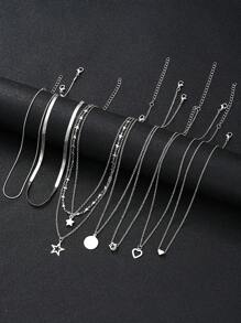 Conjunto de 7 collares con colgante de corazón y estrella de múltiples capas para mujeres, regalo de fiesta, uso diario, San Valentín, mamá, madre, Día de la Madre - Plateado - Ver 5