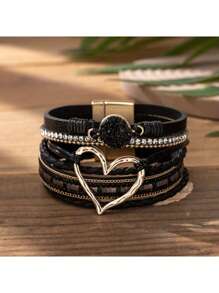 Fashionable Heart-Shaped Faux Leather Bracelet - Sparkling Rhinestone Decor - Magnetic Clasp Design, Easy To Wear - Perfect Accessory For Any Occasion, Ideal Valentine's Day Gift