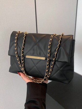 新作 レディースファッショナブル通勤用 刺繍ひし形プレス&チェーンパターン シンプル大容量ショルダーバッグ・クロスボディバッグ