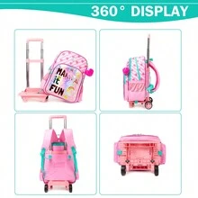 3PCS Rolling Backpack For Girls Cute TPU Trolley Backpack With Lunch Bag Pen Bag Lightweight Large Capacity Best Gift For Kids , School Bags For Girls