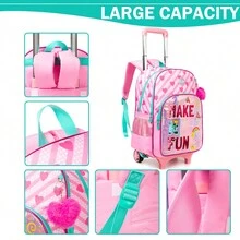 3PCS Rolling Backpack For Girls Cute TPU Trolley Backpack With Lunch Bag Pen Bag Lightweight Large Capacity Best Gift For Kids , School Bags For Girls