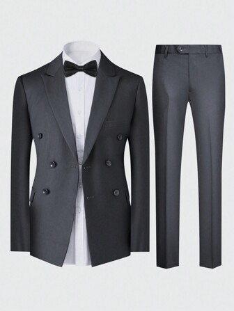 CLOUDSTYLE Men's Double-Breasted Notched Lapel Suit Jacket And Pants Set For Wedding Occasions