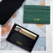 定制男士鳄鱼纹PU皮超薄信用卡夹，可定制字母图案；女士超薄鳄鱼纹口袋钱包；个性化PU皮钱包，可定制首字母；DIY礼物，送给男友、女友、朋友，生日礼物；便携、多功能、百搭、轻便、实用、时尚、简约、可爱、度假风、极简主义 - 墨綠色 - 查看 6