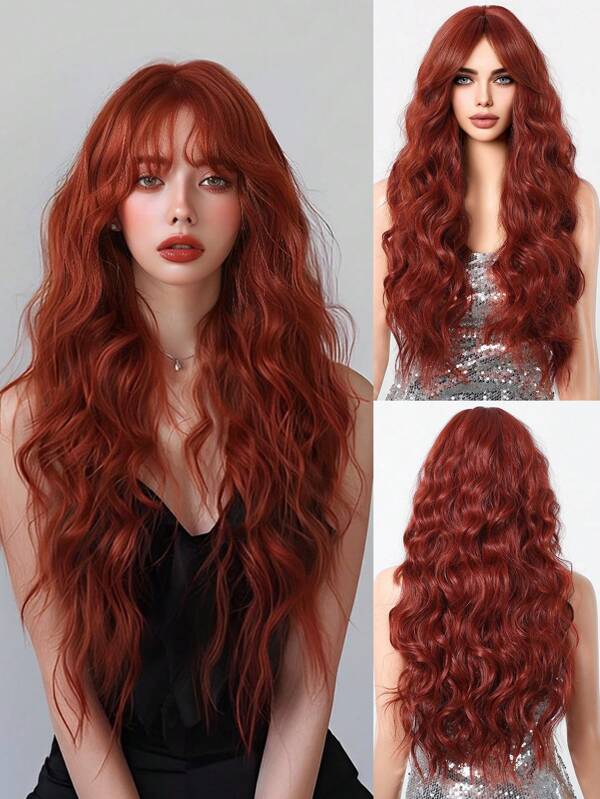 Peluca larga y ondulada de 26 pulgadas de color rojo con flequillo. Pelo sintético elegante y casual resistente al calor para uso diario y de fiesta