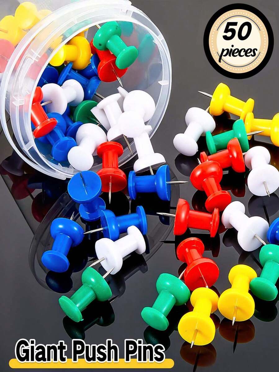 50 Count Jumbo Push Pins For Cork Board, Giant Colored Push Pins Large