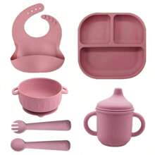 6 Pieces Silicone Baby Feeding Set, Infant-Led Weaning Essentials, Suction Divided Plate, Toddler Self-Feeding Plate Set With Spoon, Fork, Training Cup With Straw, Adjustable Bib, Tableware Easter Gift