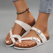 Women's Strappy Slip-On Slippers With Adjustable Buckle Cork Footbed Slides For Sandals Outdoor - Apricot - View 4