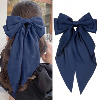 1pc European And American Style Girl's Deep Blue Bow Ribbon Hair Clip With Extra Large Bow For Occasional Or Back-To-School Wear