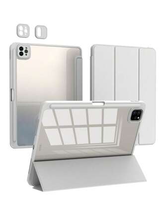 1pc Grey Tri-Fold Silicone Foldable IPad Case, Shell Slim Stand Shockproof Anti Fall Pen Holder Anti-Fall Tablet Cover Compatible With Apple IPad Mini 4/5/6, 9.7/10.2/10.5 Inches, Air 4/5/6, 10th Gen, 10.9 Inches, Pro 11 Inches, Air 11(M2) , Air 13 And Pro 11(M4) Models. Clear Back Cover With High Transparency For DIY Personalization.