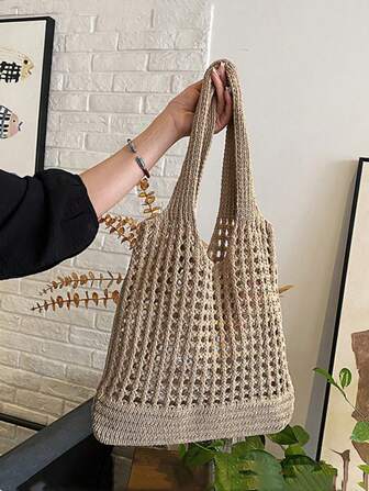 Yogodlns Bolsos de hombro tejidos para mujeres y chicas, bolso de mano Retro hueco tejido con adornos florales y gran capacidad para ir de compras, bolsos de ganchillo croché para mujer, bolso de playa de verano