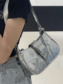 Túi cầm tay phong cách Y2K cổ điển dành cho nữ, Túi đeo vai xích ngôi sao năm cánh màu, Thích hợp cho bé gái, học sinh, nhân viên văn phòng mới, phụ nữ đi làm, đi làm và đi học, Túi rỗng hình ngôi sao thời trang dành cho nữ - Bạc - Xem 6