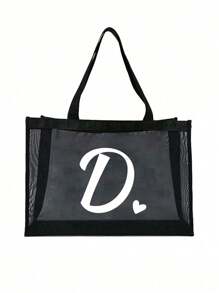 1 pieza Bolsa de playa con forma de corazón y letra A-Z de malla, bolsa de playa con forma de corazón y letra, bolsa de playa plegable, bolsa de playa de malla para mujer, adecuada para almacenamiento y compras en vacaciones de playa, bolso de gran capacidad - Negro - Ver 12