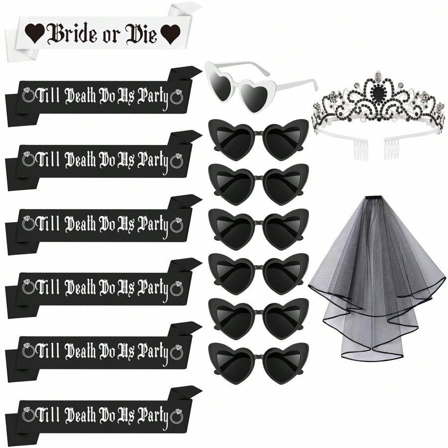1/7/16pcs Bridal Or Bachelorette Party Decorations Till Death Party Favors Including Heart Shaped Sunglasses, Belt, Crown Veil Can Be Used As Wedding Supplies Gifts,Christmas - Black and White - View 1