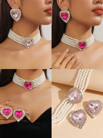 Collar de piedras preciosas de alta gama para mujer en forma de corazón geométrico con cristales rosa y rojo, y 1 pieza de aretes en forma de corazón con cristales rosa y rojo a juego para vestidos de cóctel o uso diario, ambas piezas en un conjunto
