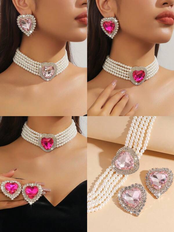 1pc High-End Fashionable Women's Geometric Heart-Shaped Heart-Shaped Pink & Rose Red Crystal Rhinestone Necklace And 1 Pair Of Heart-Shaped Heart-Shaped Pink & Rose Red Crystal Rhinestone Earrings For Cocktail Dress Or Daily Wear, Both Pieces In A Set