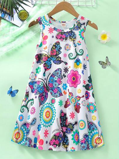 Young Girl Summer Floral Butterfly Print Casual Sleeveless Princess Dress