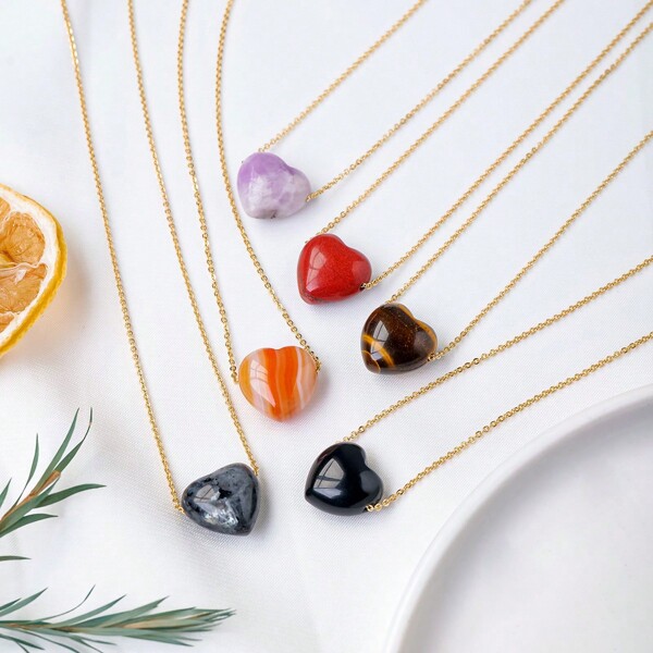 1PC Natural Crystal Gemstone Heart Shape Pendant Love Shape Energy Necklace Jewelry Reiki Beloved Female Mom Mother's Day