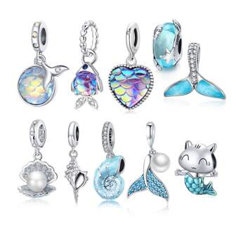  Bamoer 925 Sterling Silver Blue Ocean Series Charm Shell Conch Mermaid Fishtail CZ Bead For Necklace&Bracelet DIY Summer Jewelry Gift