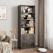 Industrial 6-Shelf Bookcase With Doors - Tall Wooden Storage Shelves For Bedroom, Living Room, Home Office