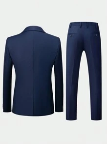 CLOUDSTYLE Men's Classic Solid Color Suit With Lapel Collar Long Sleeve Jacket And Pants, Suitable For Daily And Business Wear In Spring And Autumn - Blue - View 2