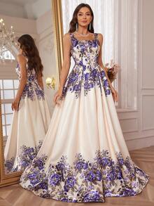 女士花卉印花无袖长款优雅华丽方形领口伴娘礼服 - 杏色 - 查看 6