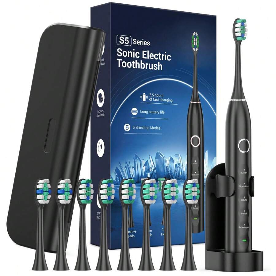 Electric Toothbrush With 8 Replaceable Brush Heads For Adults, Usb Rechargeable, 5 Modes, With Bathroom Wall Mounted Toothbrush Holder &Travel Toothbrush Head Cover For Teeth Whitening And Oral Health - 黑色 - 查看 1
