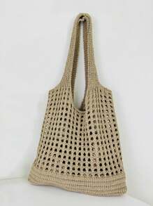 Yogodlns 女士针织单肩包，复古镂空编织大容量花卉装饰手提包，钩针编织包，完美适用于海滩、旅行、购物和度假，是搭配女士沙滩配饰的理想之选，最受欢迎的女士沙滩包，沙滩必备品，沙滩用品，沙滩装备和夏季必备品 - 卡其色 - 查看 5