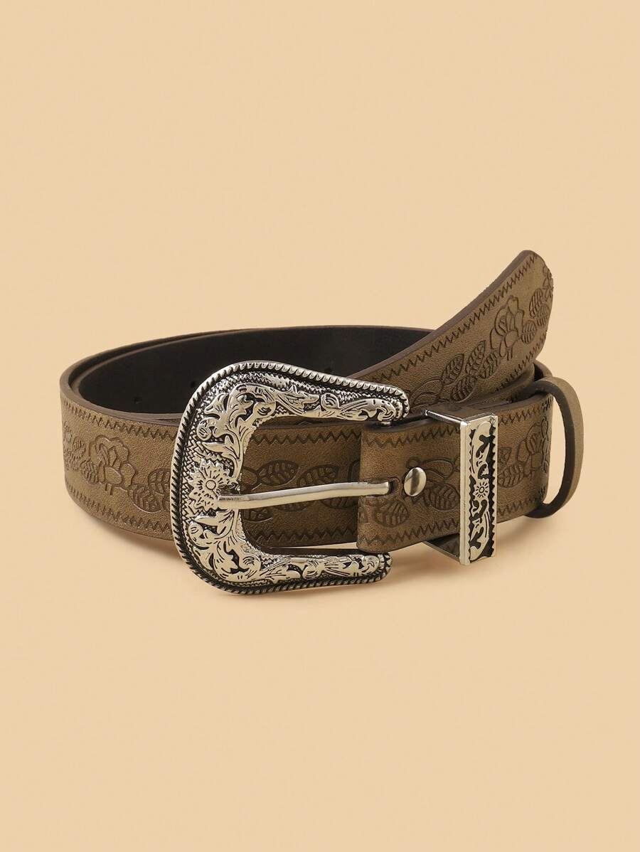 儿童新款时尚复古压花腰带，优质 PU 腰带，适合牛仔裤、连衣裙、装饰 - 棕色 - 查看 1