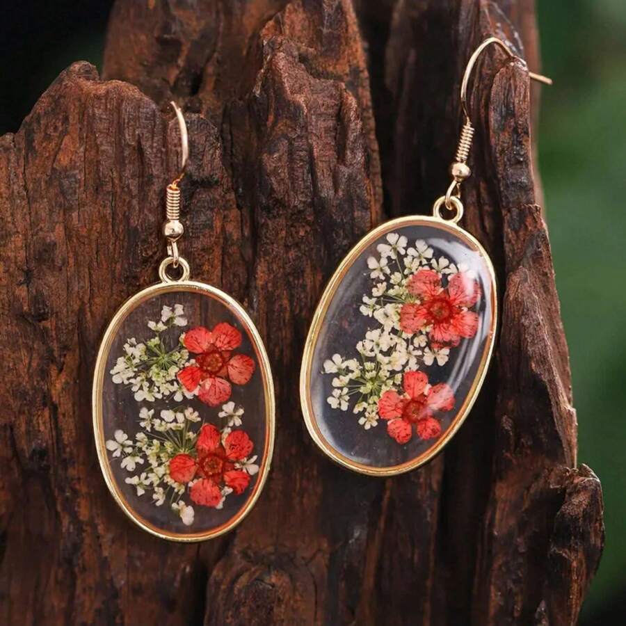 Bông Tai Phong Cách Bohemian Thủ Công, 1 Đôi, Hoa Khô Tòn Ten, Phụ Kiện Trang Sức Hoa Tự Nhiên Cho Nữ, Trang Sức Phong Cách Kỳ Nghỉ - bông tai - Xem 1