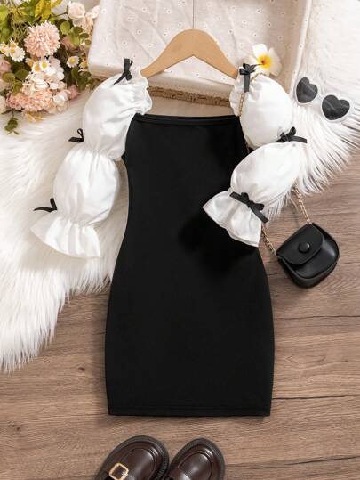 年轻女孩优雅芭蕾风格连衣裙，带蝴蝶结、荷叶边、荷叶袖和方形领口，适合派对或花童，春季/秋季/冬季