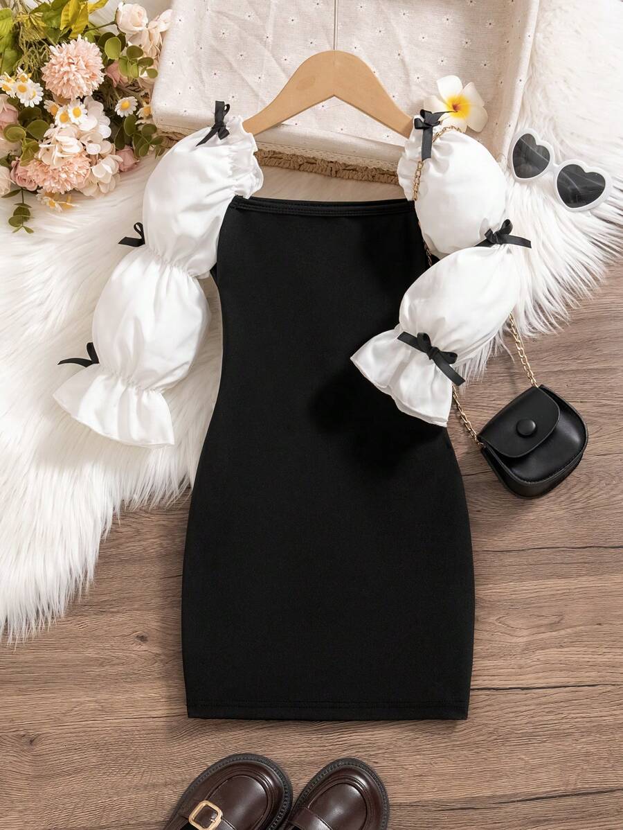 年轻女孩优雅芭蕾风格连衣裙，带蝴蝶结、荷叶边、荷叶袖和方形领口，适合派对或花童，春季/秋季/冬季