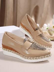 女士新款豹紋拼接鏡面網面楔型踝靴，戶外運動休閑輕便舒適鞋 - 杏色 - 查看 4