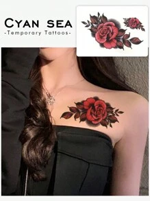 1 pieza Tatuaje temporal floral rojo, de estilo encantador y de moda