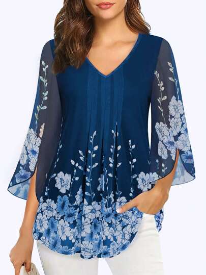 CheersLife Women's Casual 3/4 Sleeve Tunic Tops Floral Double Layers Blouses Loose  Pleated Mesh Shirts