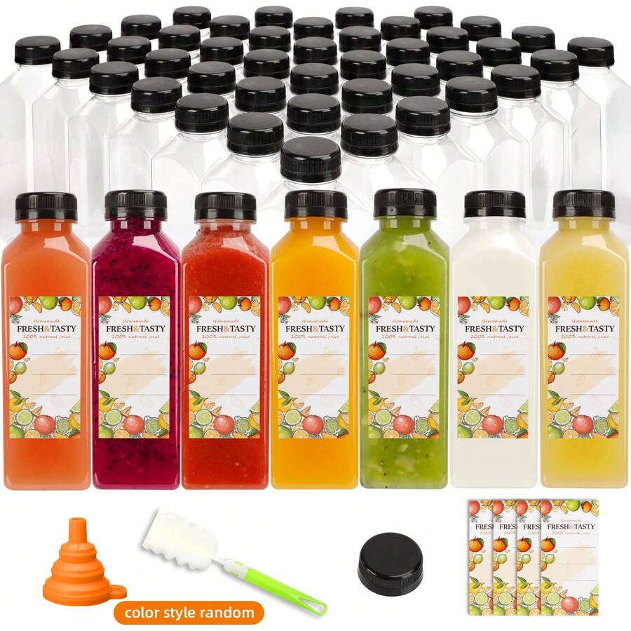 100pcs Plastic Bottles With Caps, 16oz Juice Bottles, Juice Bottles With Caps With Black Caps Juice Bottles With Label, Funnel And Brush Beverage Containers For Juicing, Smoothies, Tea, Milk - Trong sáng - Xem 1
