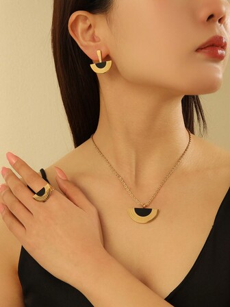 4件套不锈钢金色扇形黑色贝壳扭链项链、耳环、戒指首饰套装，正式场合首饰套装，新娘首饰套装，简约优雅首饰套装，日常佩戴首饰套装