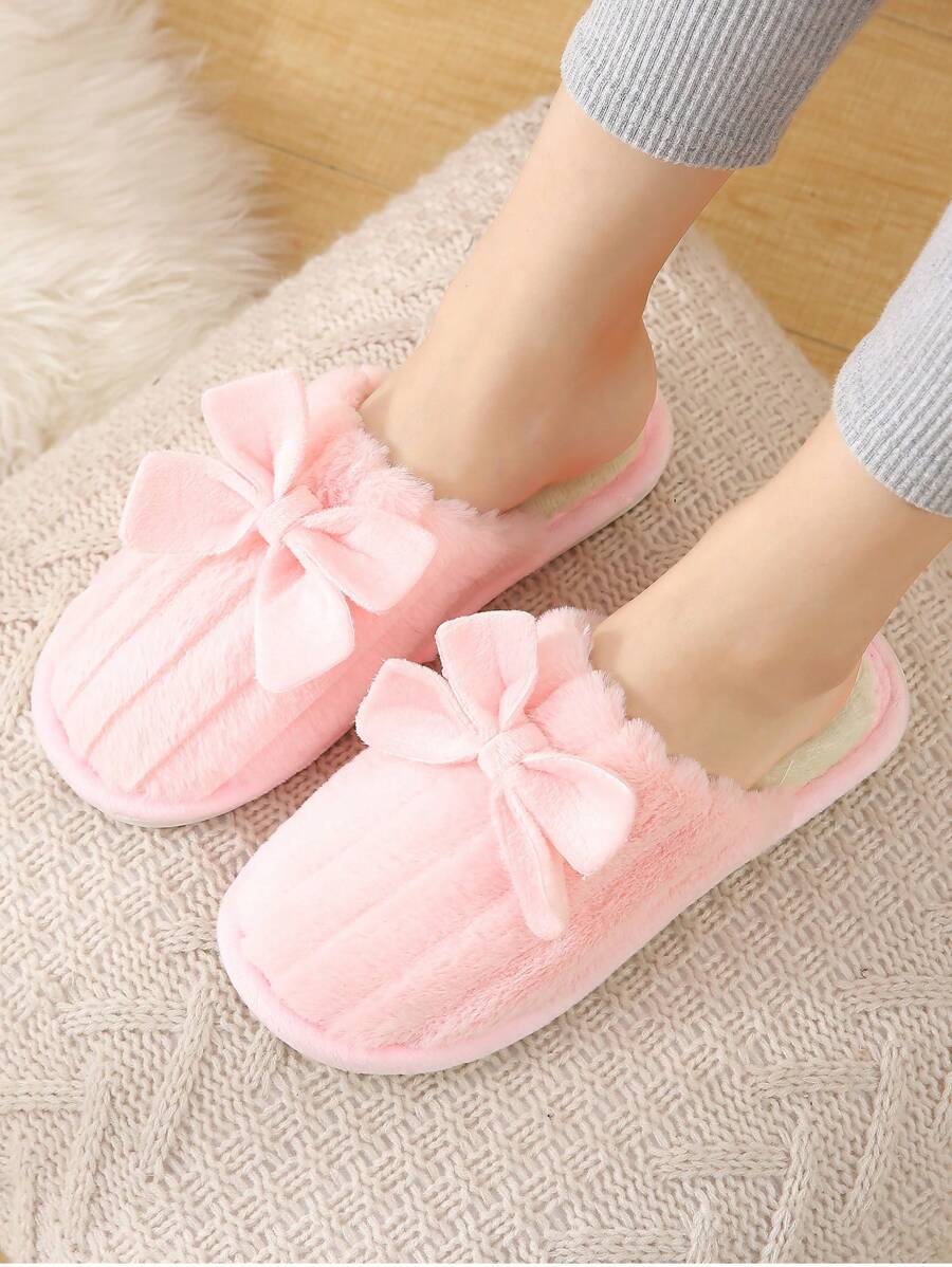 Chinelos Quentes De Pelúcia Bowknot Para Outono E Inverno, Sapatos De Maternidade Antiderrapantes Internos Para Piso De Madeira Para Mulheres