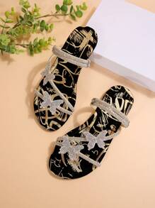 Colorful Rhinestone Bow Multi-Strap Sandals, Women Convertible Wear Flat Sandals For Summer & Autumn,French Fashion Sliver Slide Sandals Suitable For Dating, Party, Home, Casual Daily Wear,Beach Outfits - Gold - View 4