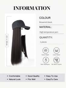 1pc 24 Inch (About 61.0cm) Synthetic Hair Extension Baseball Cap Wig Hat With Hairpiece, Black Color, For Women