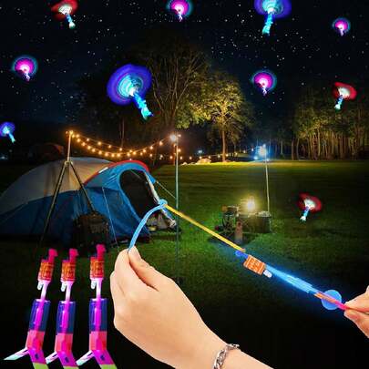 12/6/4/1pc Outdoor Multi-Color Random Light-Emitting Rocket Flying Night Lights, Flashing LED Lights, Glowing Flying Toy Slingshots, Elastic Helicopter Rotating Toys, Interesting Games, Suitable For Camping Games, Friends' Parties, Party Gifts, Holiday Gifts, Birthday Gifts, LED Battery-Powered Flying Slingshot Night Lights Party Supplies