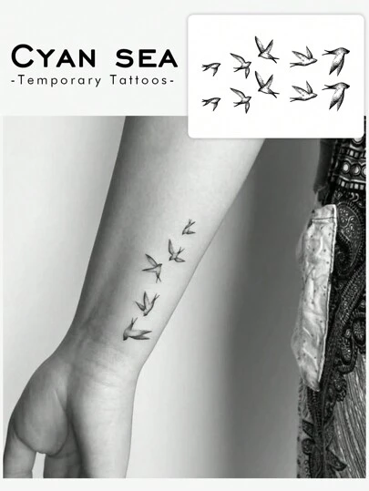 En handritad tillfällig tatuering av svalmigration kan hålla i 3–5 dagar.